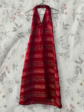 Vintage 70s Tapestry Halter Dress Brocade Backless Disco Embroidered Maxi